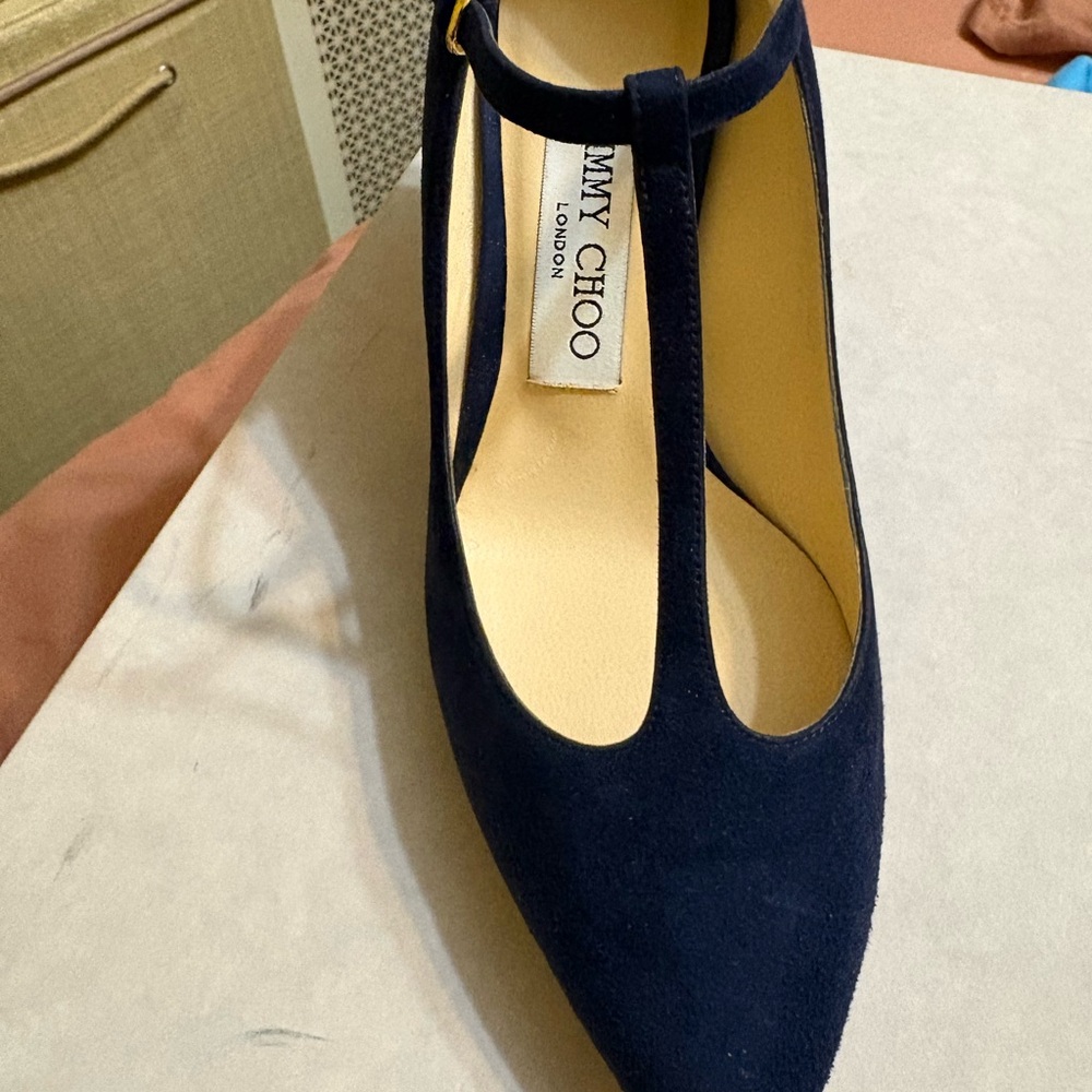 Jimmy Choo Dark Blue T-Strap Heels - Picture 4 of 15